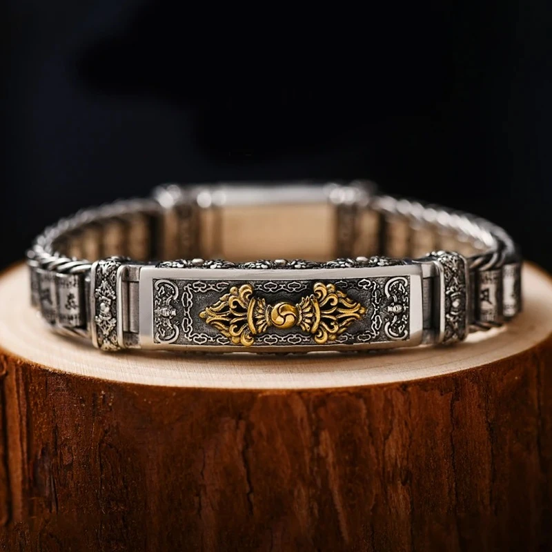HX New Bracelet Men\'s Personality Style Retro Creative Hand-woven Six-character Mantra Barrel Bead Chain for Boyfriend Gift
