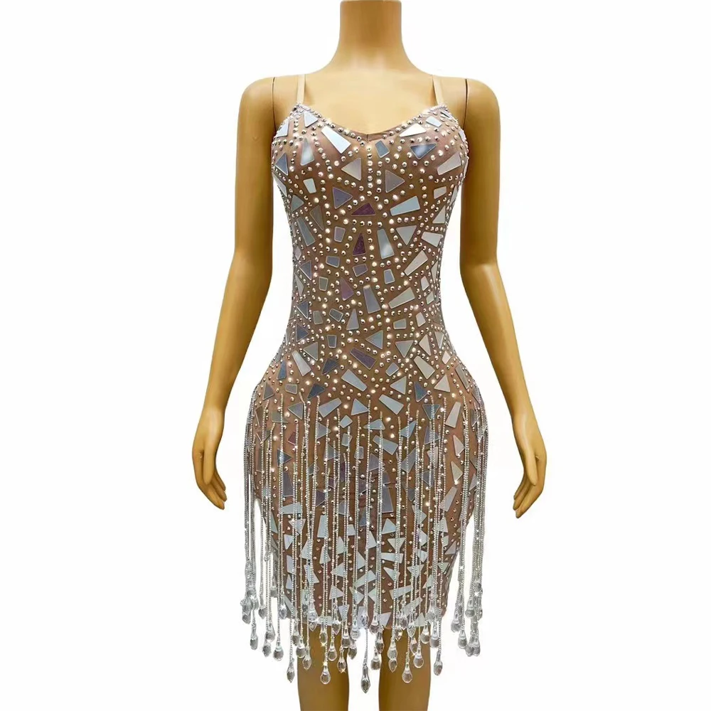 Sexy Silver Blue Mirrors Rhinestones Crystals Fringes Dress Birthday Celebrate Sexy Singer Costume Party Photoshoot Dress