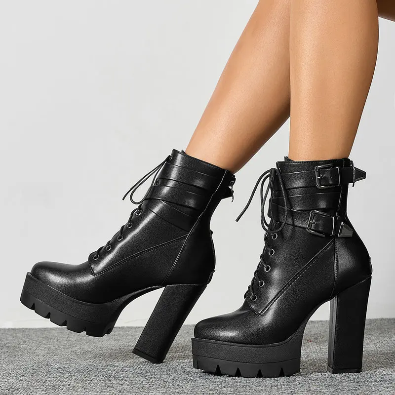 

Женские ботильоны на платформе с круглым носком и пряжкой на платформе, зимние теплые ботинки на высоком каблуке в стиле вестерн, панк, готическая обувь, черные ботинки
