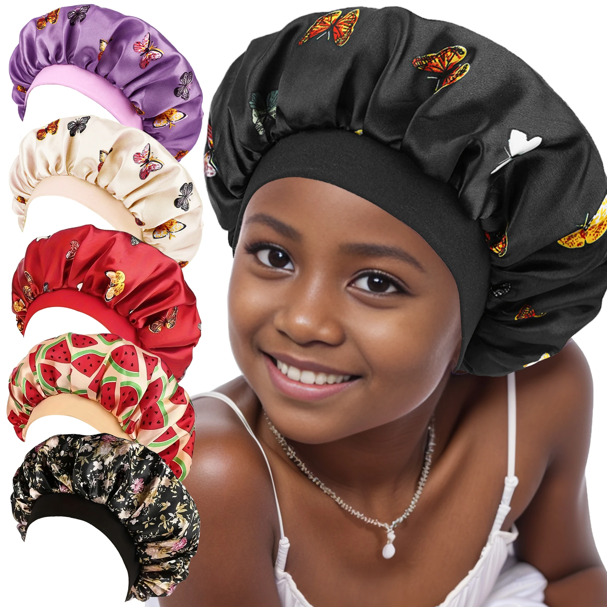 Children Bonnet New Wide Edge Elastic Butterfly Printing Sleep Fashion Leisure Home Comfortable Nightcap Hair Cap