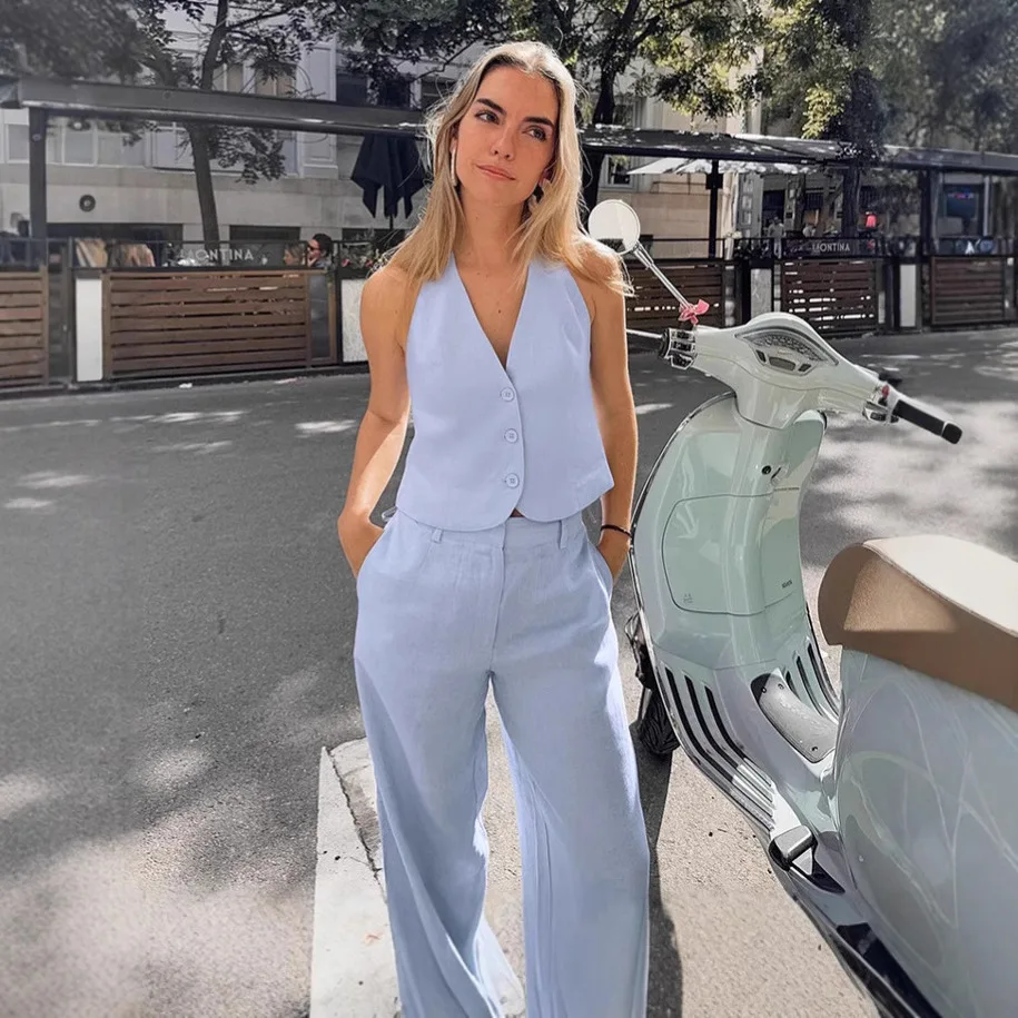 

Simple Fashionable Cotton Linen Light Blue Neck Vest Suit Women's Summer Cardigan Wide-leg Pants Two-piece Women's Clothing