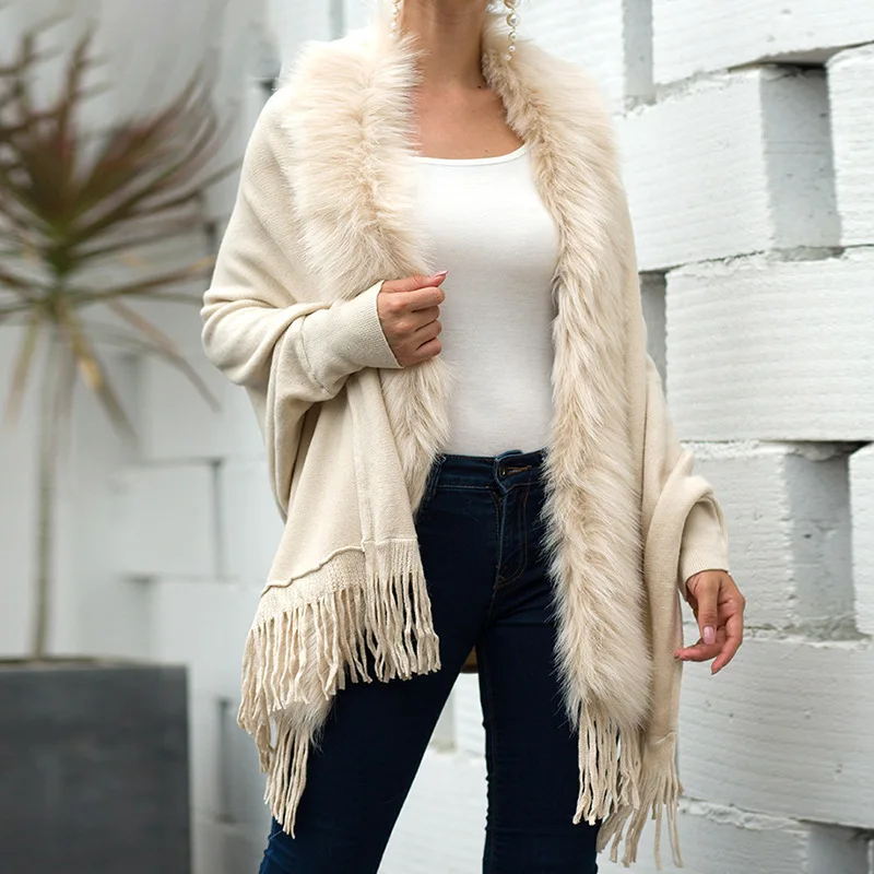 Women Winter Thick Faux Fur Mantle Big Collar Loose Printed Poncho Pendulum Capes Streetwear Tassel Long Cloak Pocket Overcoat