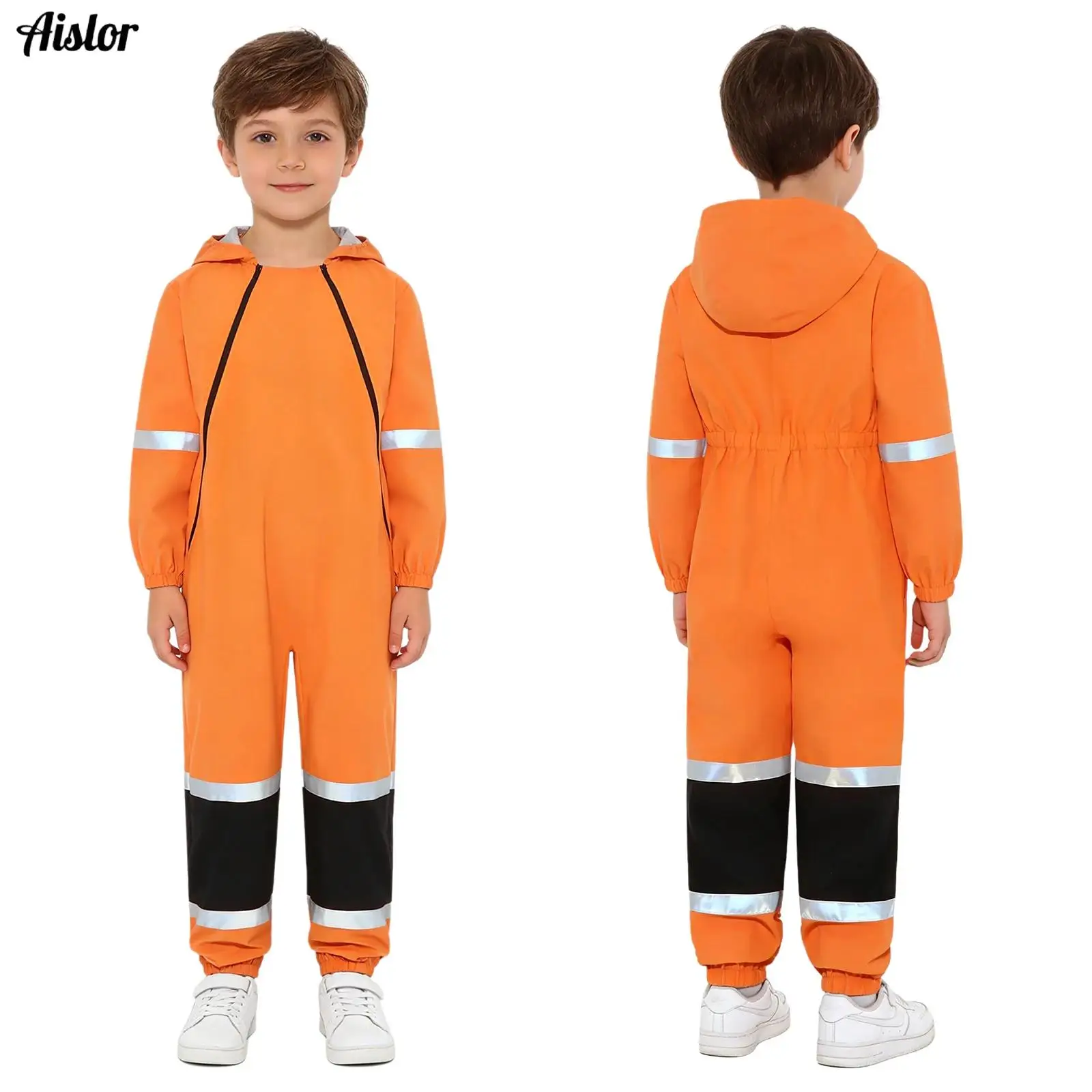 

6-16 Years Old Color Block Design Waterproof Jumpsuit Raincoat Hooded Kids One-Piece Rain Coat Tour Children Rain Gear Suit