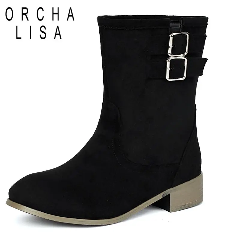 

ORCHA LISA New Women's Mid Calf Boots Round Toe 3cm Block Heel Slip On Belt Buckle Flock Suede Pink Big Size 46-48 Winter