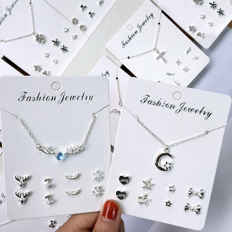 1set Trendy Zircon Pendant Necklace with 4 Pairs Stud Earrings Fashion Jewelry Set Simple Silver Color Clavicle Chain Ear Stud image 3