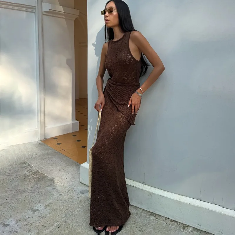 

Talenza Women Knitted Long Dress Summer Sexy Sleeveless Hollow See-Through Dress Elegant New Vacation Party Women's Casual Dress