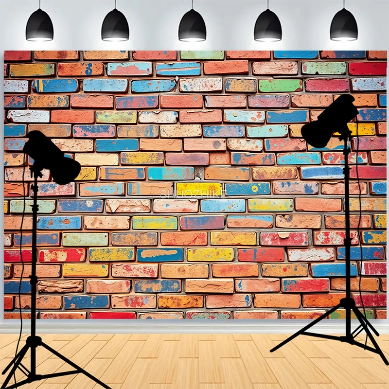 

Abstract Neon Rainbow Painted Brick Wall Background Damaged Rustic Texture Vibrant Graffiti Grunge Photography Backdrops BK-07