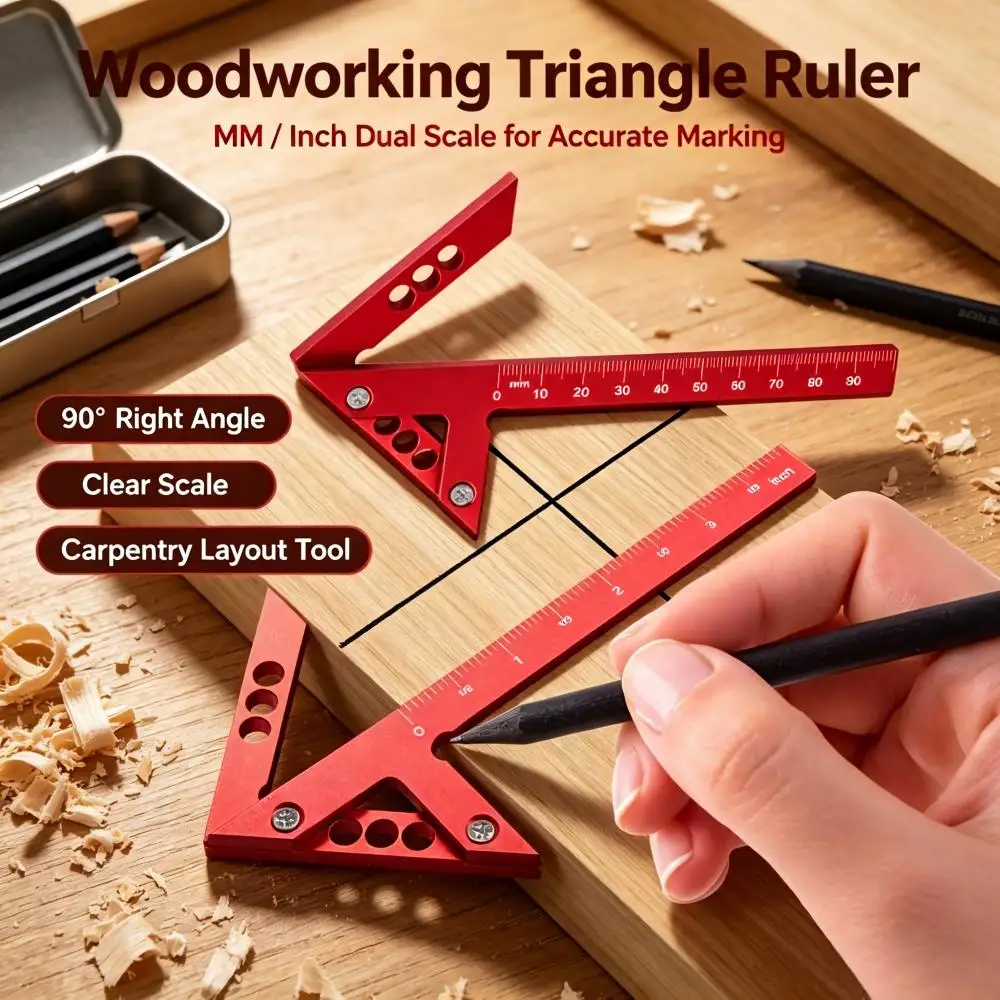 Woodworking Center Finder Triangle Ruler, Aluminum Alloy 45/90 Degree Metric & Inch Scale Layout Scribing Gauge for Carpenter