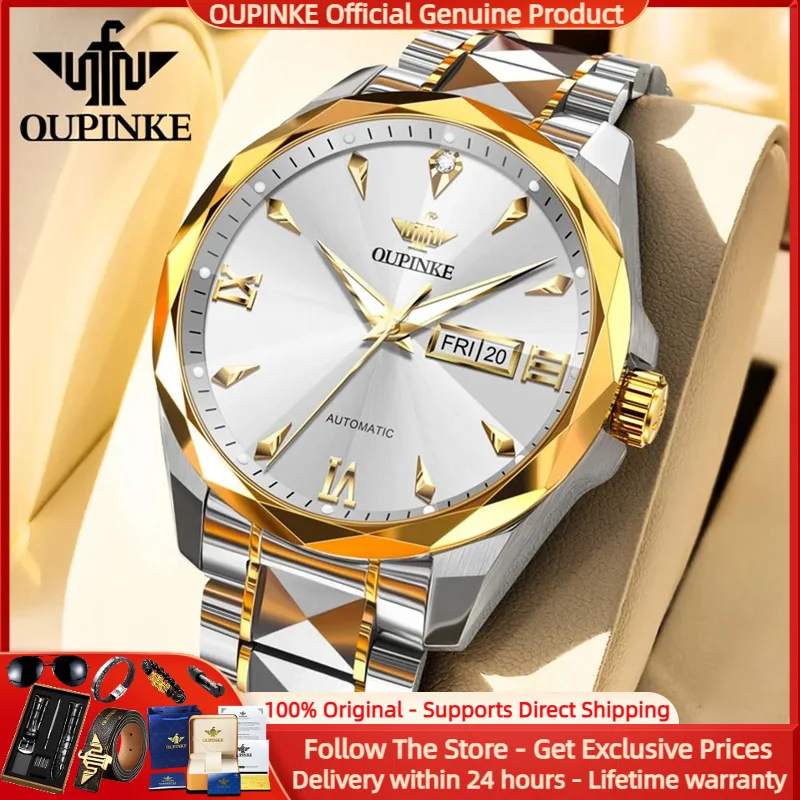 

OUPINKE 3315 Men Watch Luxury Brand Fully Automatic Mechanical Watch Rhombus Mirror Waterproof Dual Calendar Business Men Watch