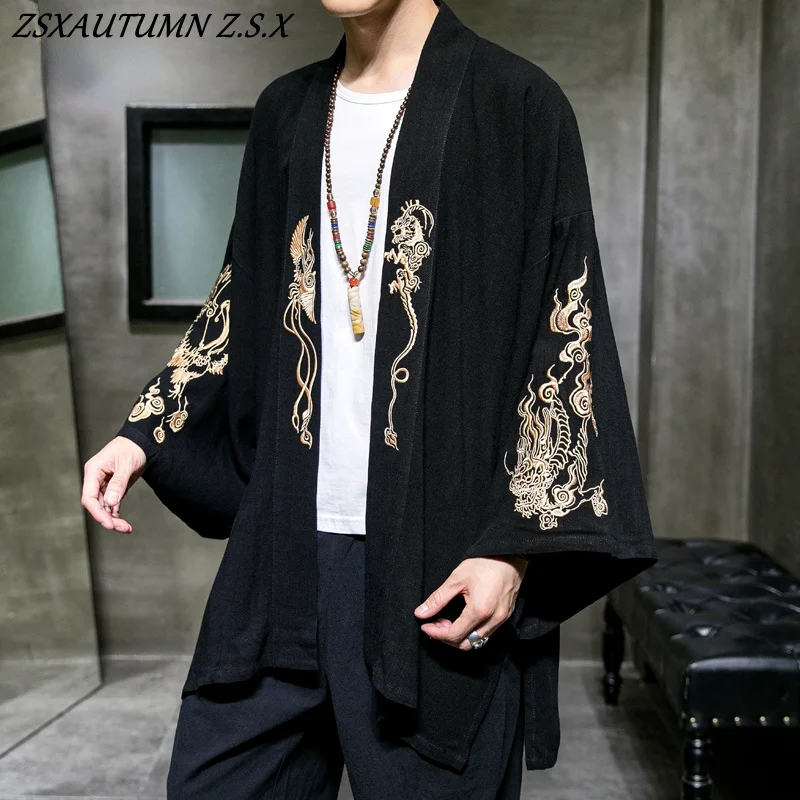 Chinese Style Hanfu Men\'s Embroidered Cardigan Japanese Kimono Male Samurai Clothing Mens Shirt Vintage Tang Suit Jacket Black