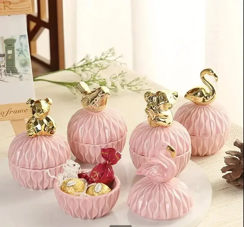 Cajas de joyería de cerámica con animales geométricos rosas, caja de baratija para anillo de boda con soporte de cristal, caja de almacenamiento de joyería para pendientes, artesanía de regalo