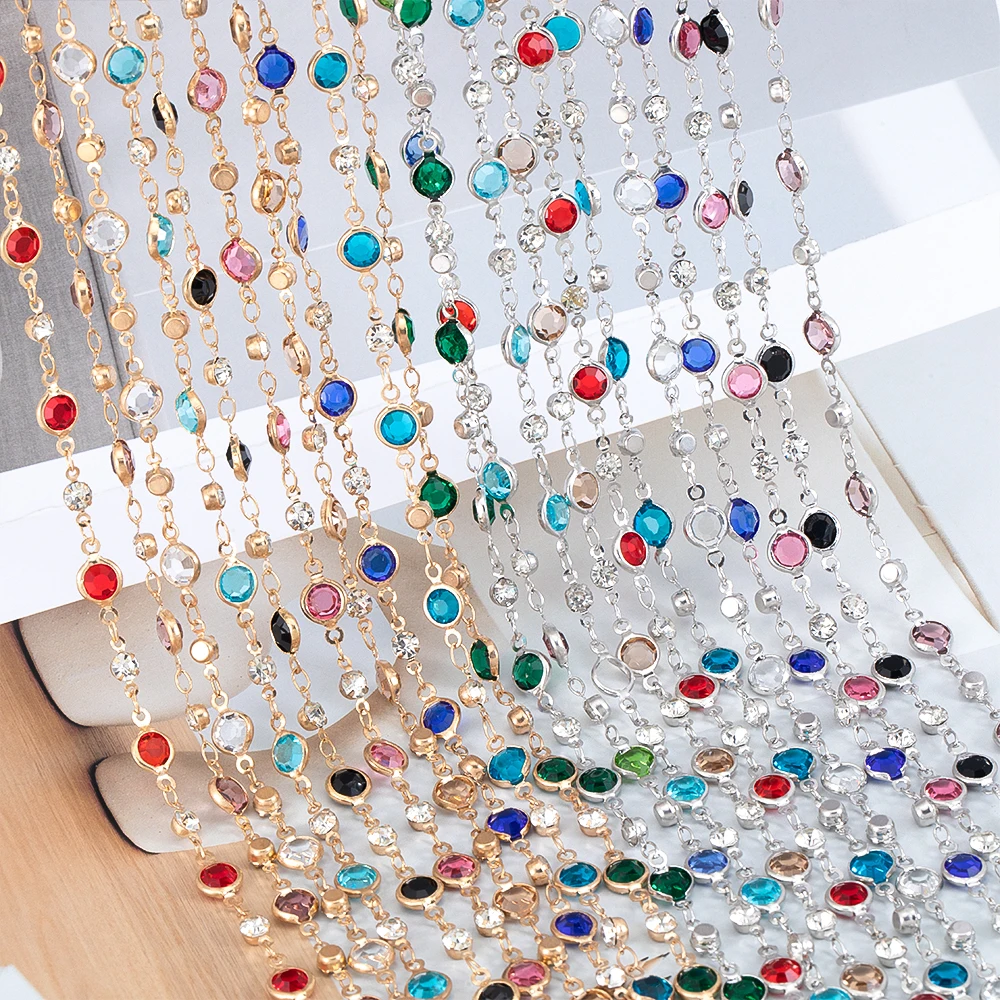 1meter Colorful Crystal Beads Beaded Chain Glass Bead Copper Necklace Chain Accessories for DIY Costumes Jewelry Making Material