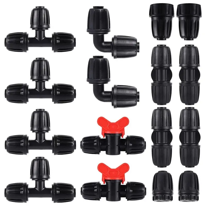 CYCLI-16Mm PE Irrigation Pipe Fittings Kit 16-Piece Set For 4Mm Soft Hose Tee Valve Reducing Tee 6-Way End Cap Elbow Connector