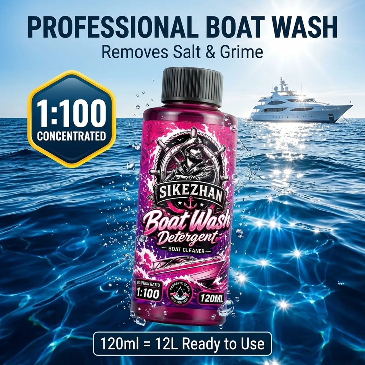 120ml Concentrated Boat Wash Detergent, 1:100 High Dilution Ratio Marine Hull Cleansing Soap for Yacht & Vessel Cleaning Tools