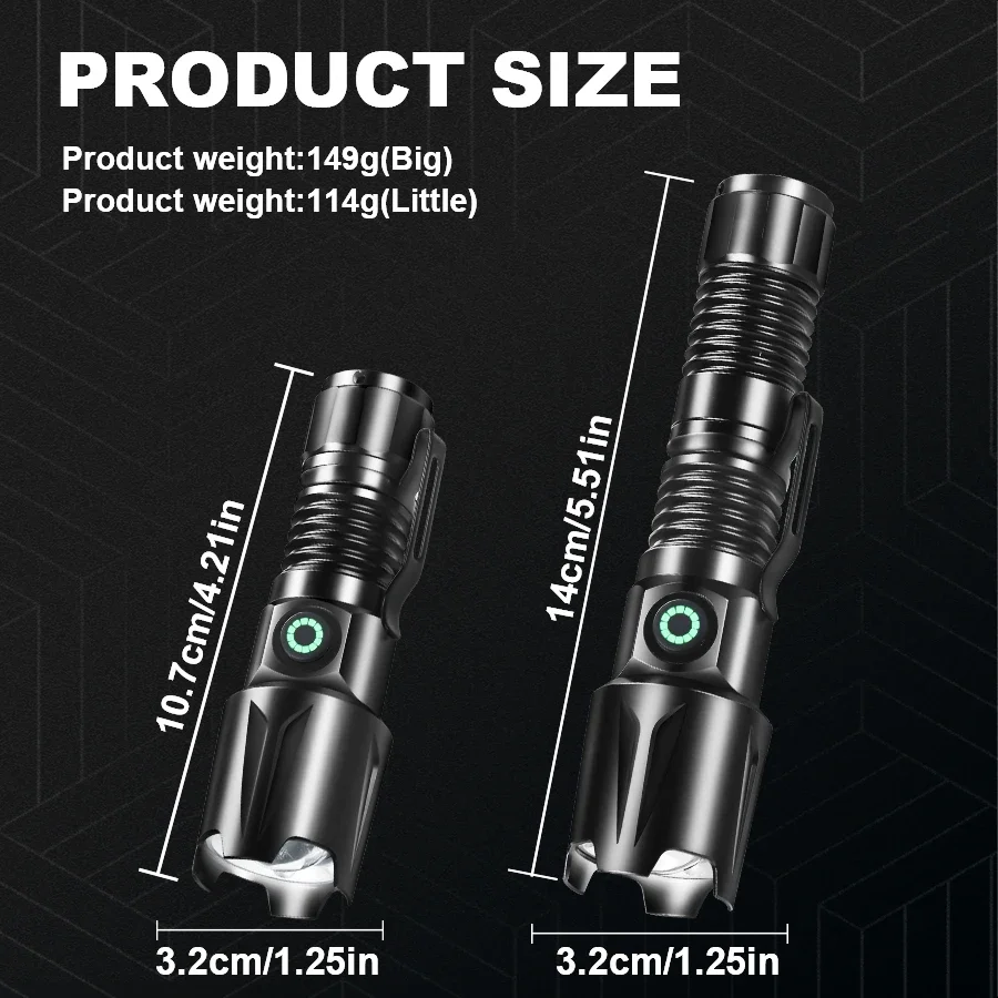 Tactical Flashlight Rechargeable Zoomable XHP50 LED IPX6 Waterproof 5 Modes Type-C Aluminum Alloy Portable for Outdoor Camping