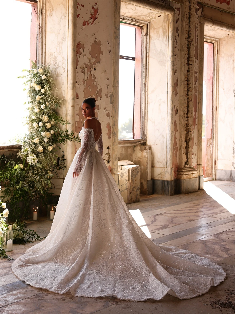 

Customized Elegant White Organza Wedding Dress Sexy Sweetheart Long Sleeves Bridal Gowns Soft A-Line Chapel Train Robe de mariée