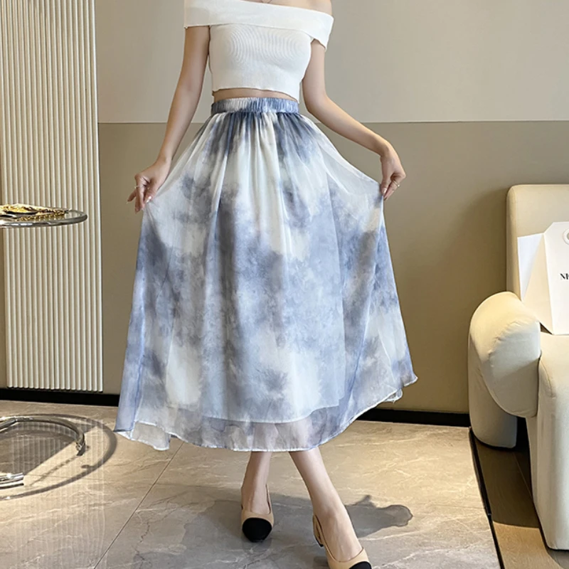 

Summer Women Tie Dye Skirt Ladies Empire Elastic Waist Thin With Lining Mid-calf Chiffon Mid-Skirt Thin Swing Long Skirt