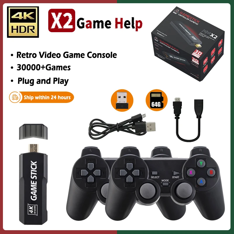 X2 Retro konsola do gier gra wideo Stick Emuelec4.3 System GD10 kontroler bezprzewodowy 64 GB wbudowane 30000 gier/PS1/GB świąteczny Gif