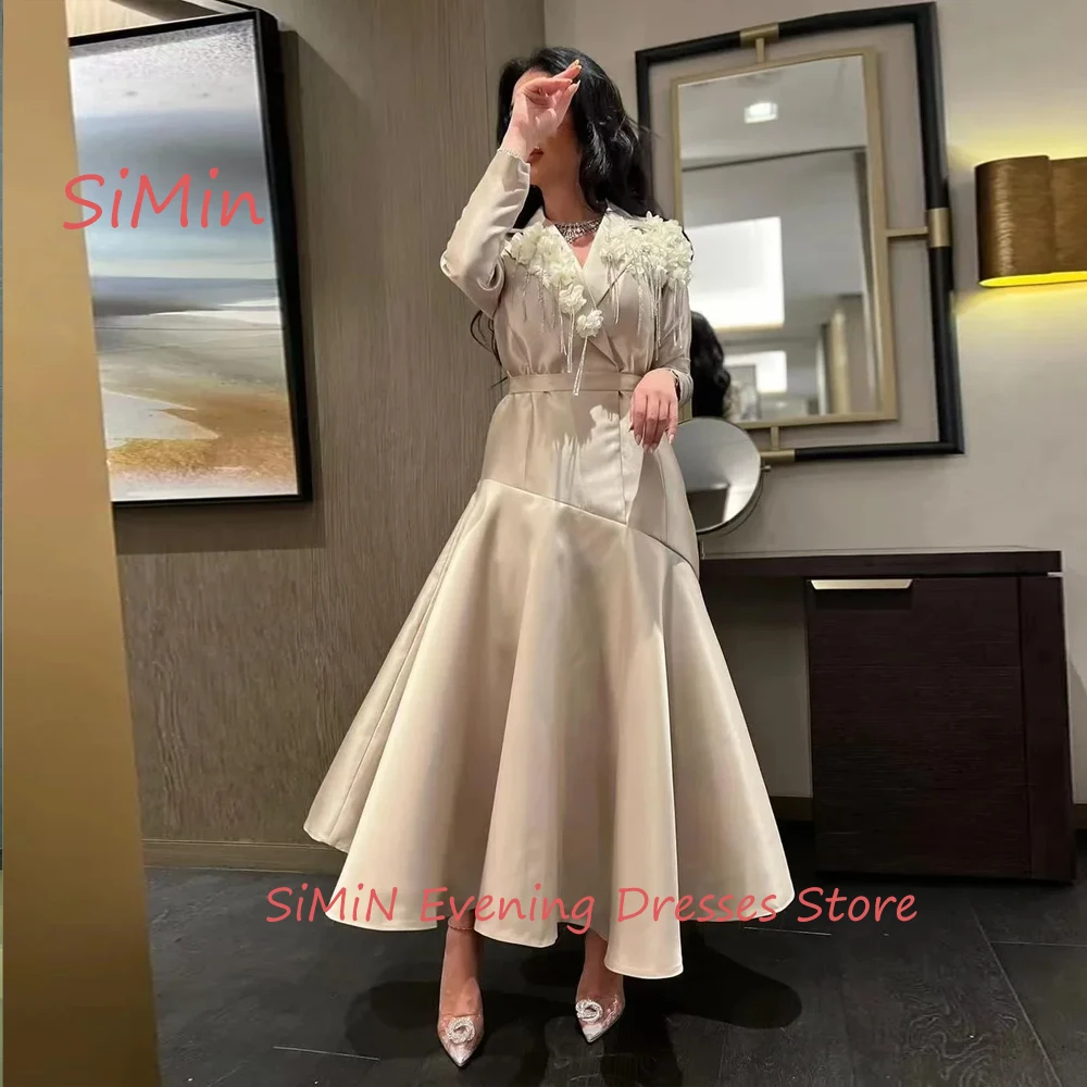 Simin Saudi V-Neck Simple Satin Flower Sash Ruffle A-Line Long-Sleeves Ankle-Length Arab Evening Party dresses for women 2024