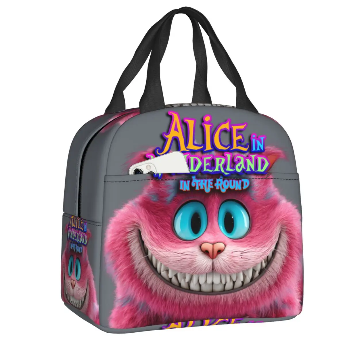 

Custom Alice In Wonderland Thermal Insulated Lunch Bag Women Cheshire Cat Lunch Tote for Work School Travel Storage Food Box