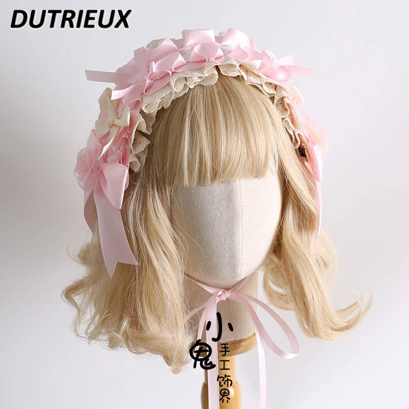 

Original Kawaii Hair Accessories Pink Lolita Versatile Party Headband Sweet Cute Girls Lace Bow Hairpin Cosplay Halloween