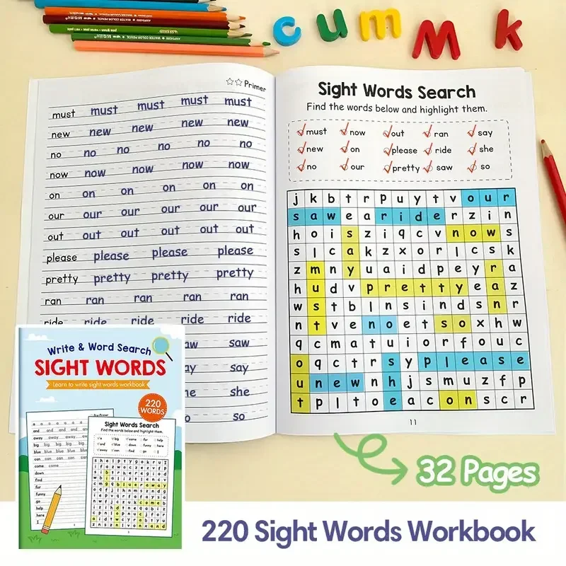 220 Sight Words Workbook English Teaching Tool With Fun Word Search Learn to Write & Handwriting Practice For Kid