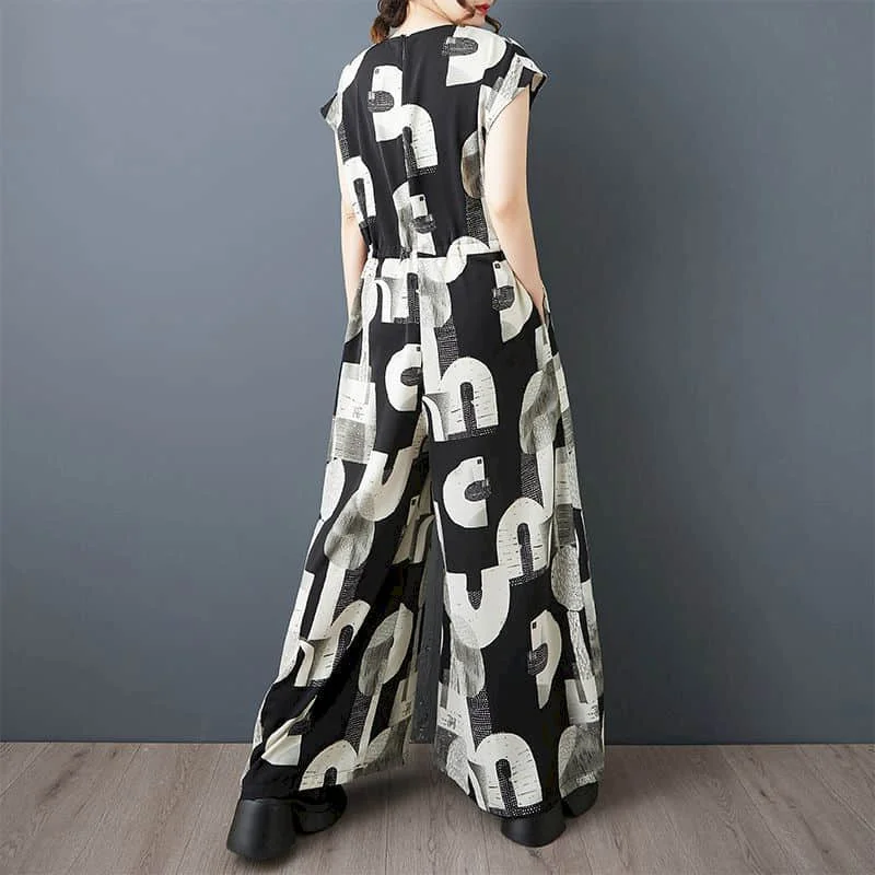 Oversize Jumpsuits Women Short Sleeve Casual Print One Piece Outfit Women Playsuit Vintage Overalls for Women Wide Leg Pants