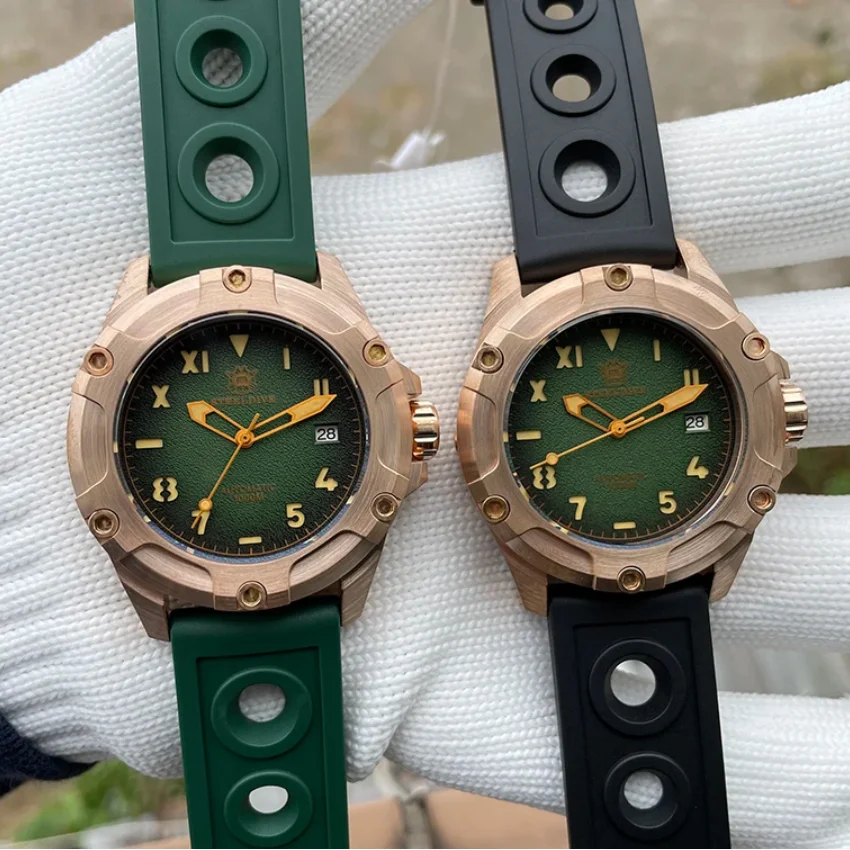 STEELDIVE Men Automatic Watch 45mm Bronze Mechanical Wristwatch Diver 100Bar Waterproof C3 Luminous Sapphire Mirror NH35