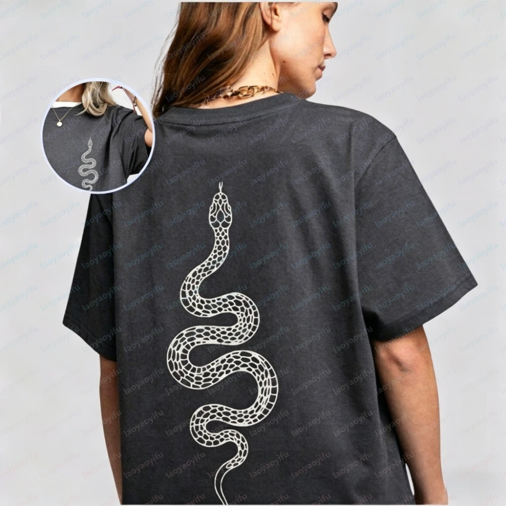 Witchy Snake Shirt Vintage Serpent Garment-Dyed T-Shirt Gothic Crewneck Graphic T Shirts Vintage Clothes High Quality Cotton