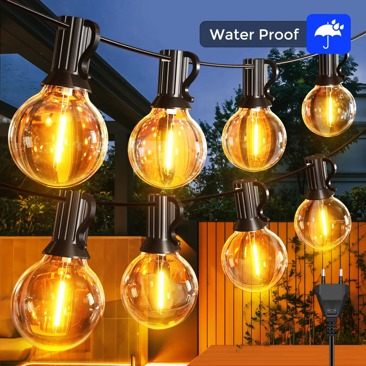 EU plug  G40 LED Fairy String Lights Outdoor with Shatterproof Bulbs, Warm White Connectable Lamp for Garden, Wedding, Party