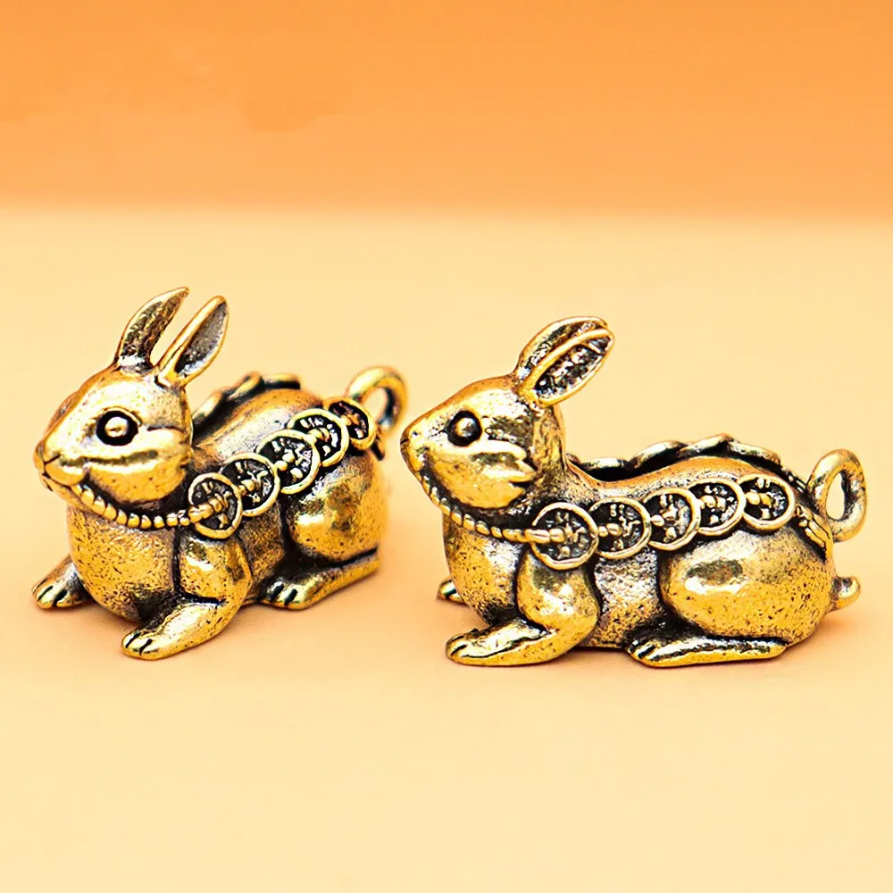 Vintage Brass Cute Rabbits Keychains Pendants Jewelry Gifts Zodiac Animal Figures Car Key Chains Hangings