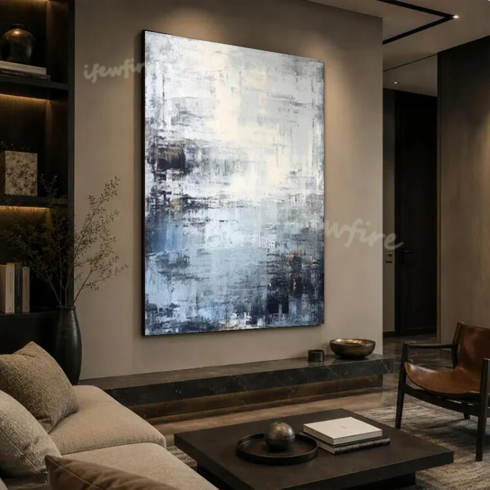 Top Abstract Oil Painting on Canvas - Modern Home Handmade Blue White Wall Art Picture for Living Room Decor Image Artwork Mural