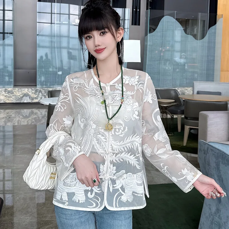High End Silk Blouse for Women's Spring Summer Flowers New Loose Embroidery Sunscreen Top S-XXL