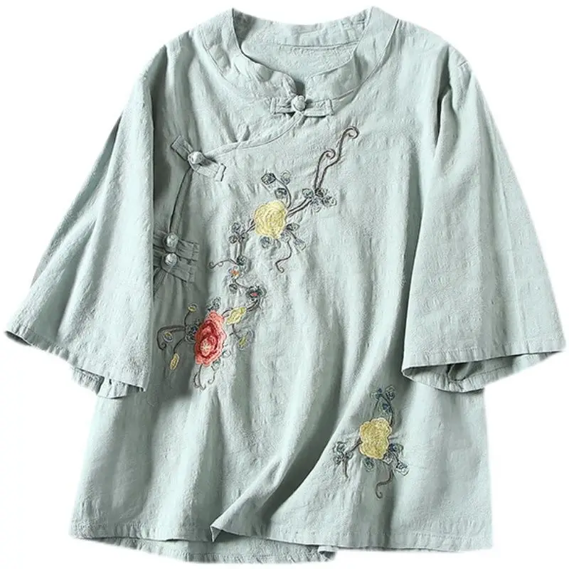 Summer New Fashion Half Sleeve Shirt Women High Street Casual Loose Embroidered Button Pullovers Cotton Hemp Vintage Chic Tops