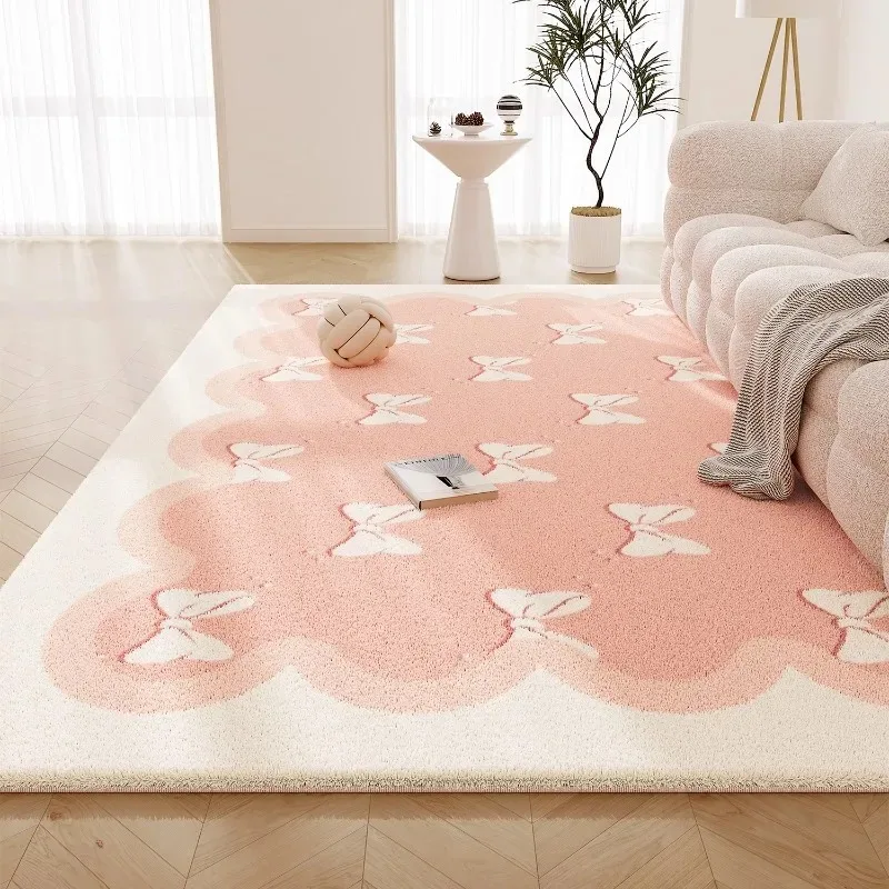 Sweet Pink Living Room Carpet Large Butterfly Print Fluffy Bedroom Rugs Soft Fashionable Ins Style Coffee Table Mats Alfombra 러그