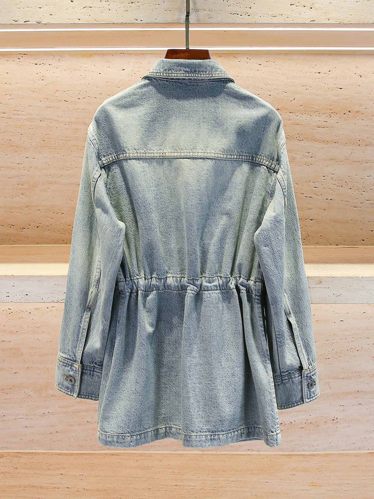 

High-End Retro Waed Dstring Waist Denim Jaet Women's Premium Faion Autumn Collection Stand Fit Commute Sle