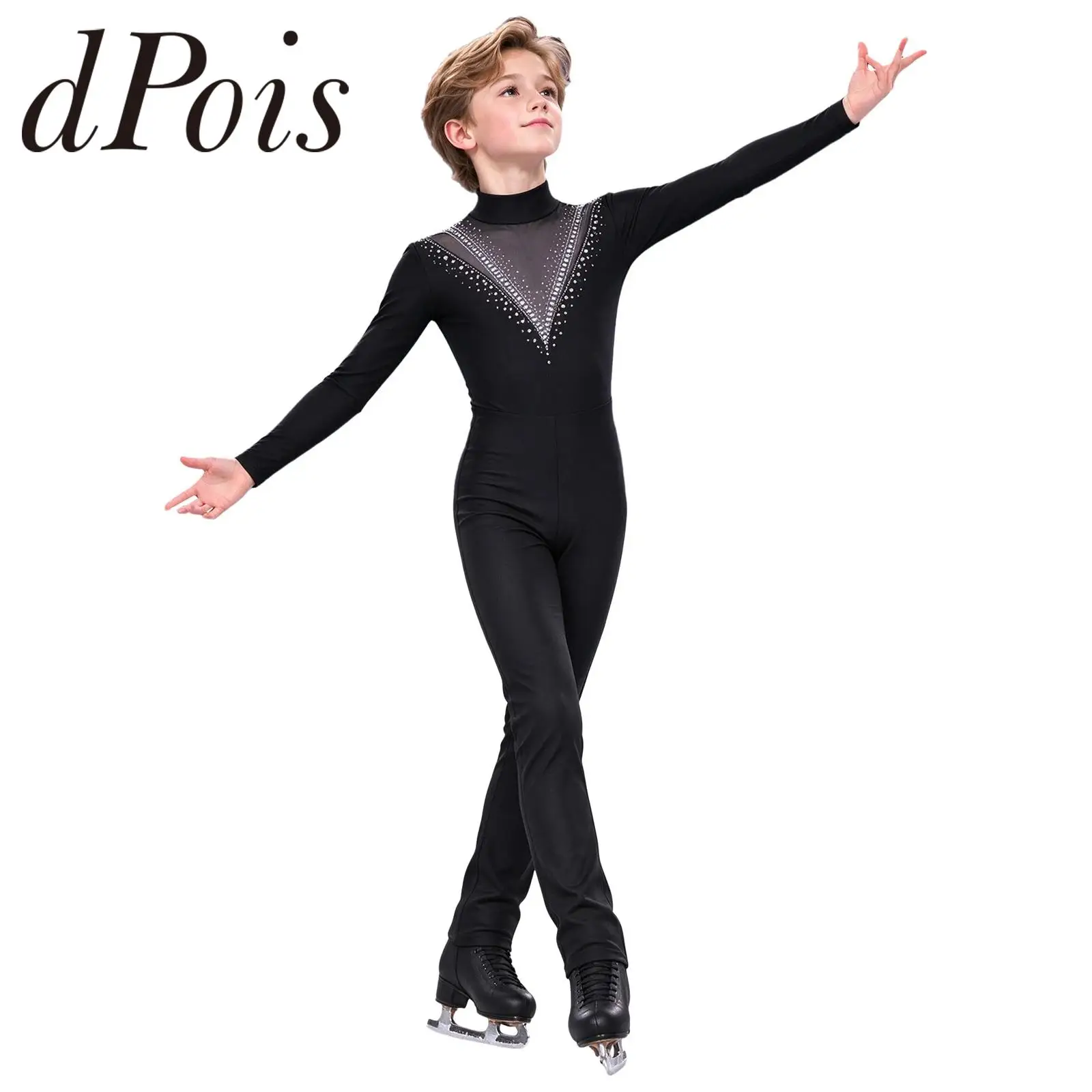 Boys Rhinestone Dance Figure Skating Jumpsuit Kids Long Sleeve Gymnastics Bodysuit for Latin Tango Roller Ice Skating Clothes