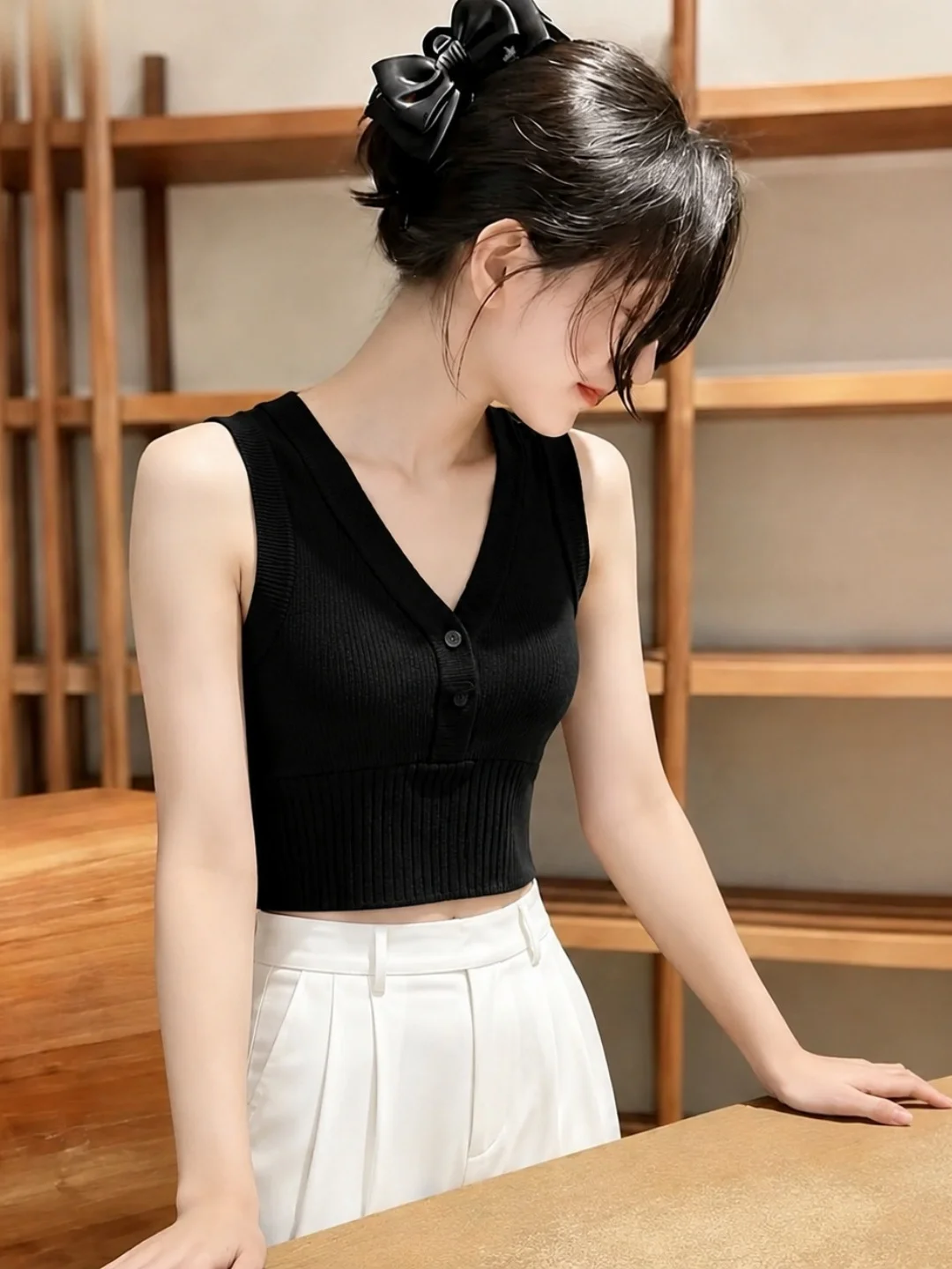 

Elegant V-Neck Sleeveless Ice Silk Knitted Vest Soft Summer Fashion Sexy Versatile Women's plus Size Inner Wear Pure Color