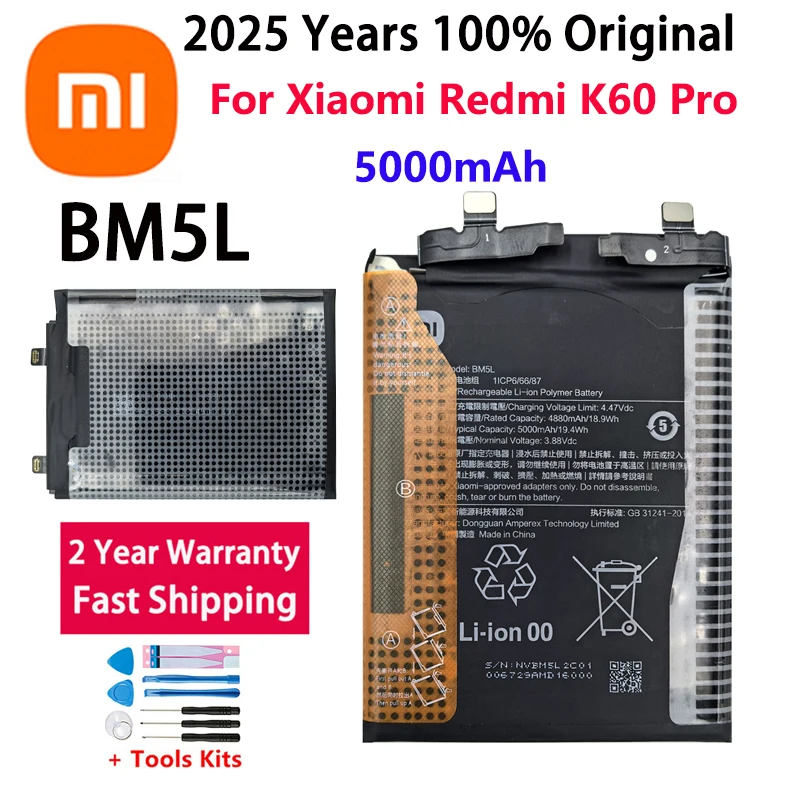 

2025 лет 100% оригинальный аккумулятор для телефона BM5L 5000 мАч для Xiaomi Redmi K60 Pro, сменные аккумуляторы, быстрая доставка
