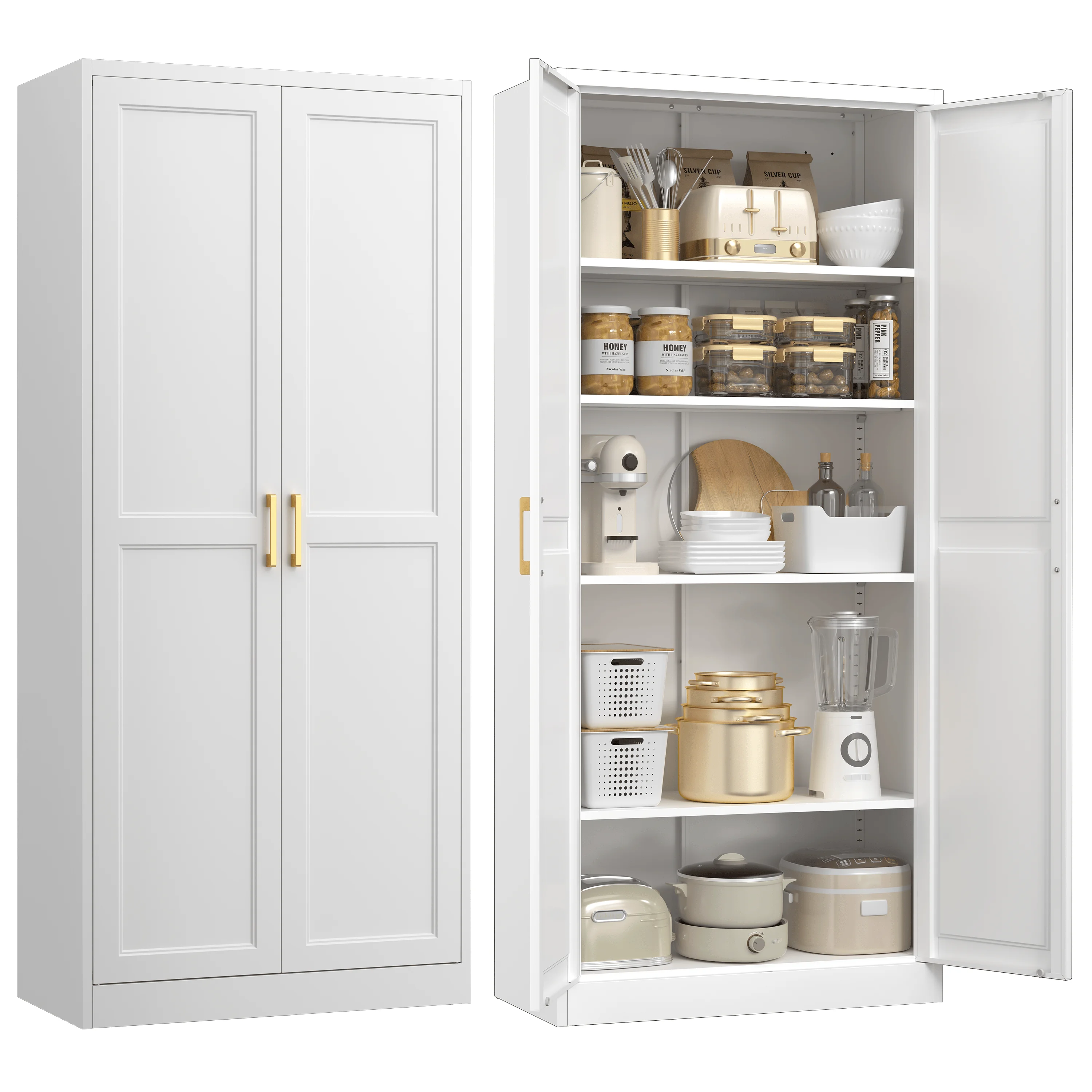 Polup 71'' White Kitchen Storage Cabinet with Doors and Adjustable Shelves for Living Room