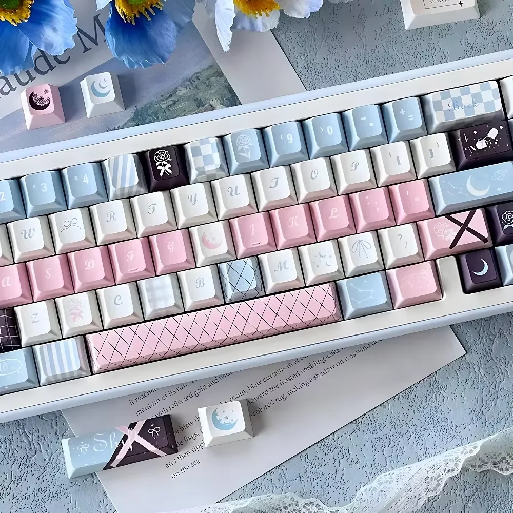 Rose Under The Moon Cherry Keycaps PBT 128 Keys Girls Personalized Gradient Color for 60/64/84/98/108 Mechanical Keyboards