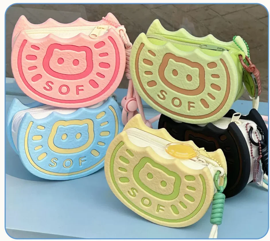 日本のオリジナル漫画猫ビスケット柄のかわいいシリコン製小銭入れ収納バッグ、猫の小さなサッチェルバッグ、女性への誕生日プレゼント用財布