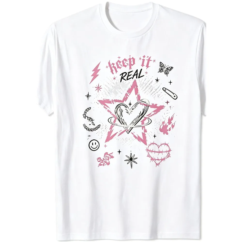 2026 New Y2K Punk Heart Star Graphic T-shirt, Keep It Real Slogan Print, Unisex Round Neck Short Sleeve Street Top