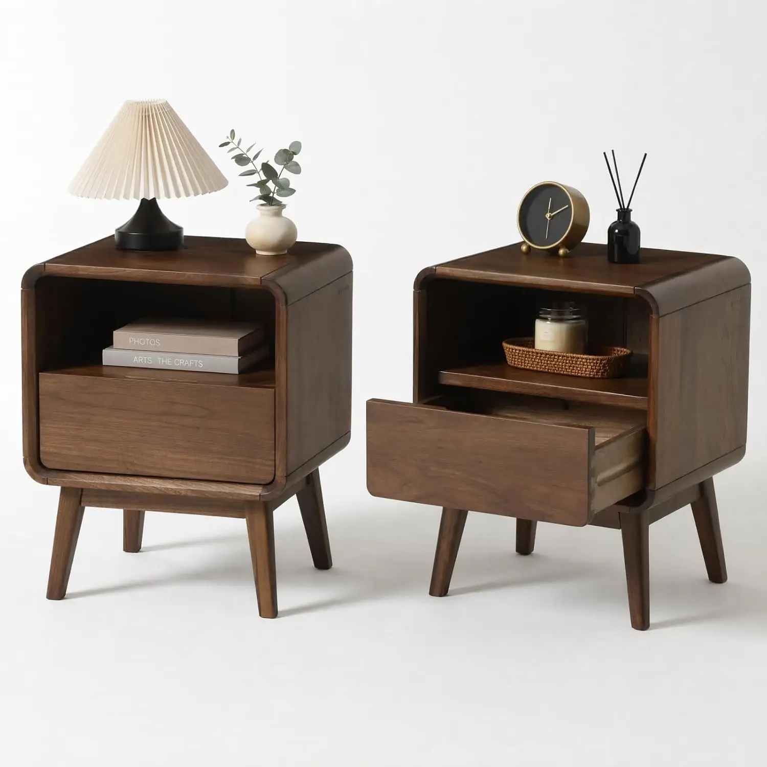Solid Wood Nightstand With Drawer, Mid Century Modern Bedside Table For Small Bedroom, 20.47