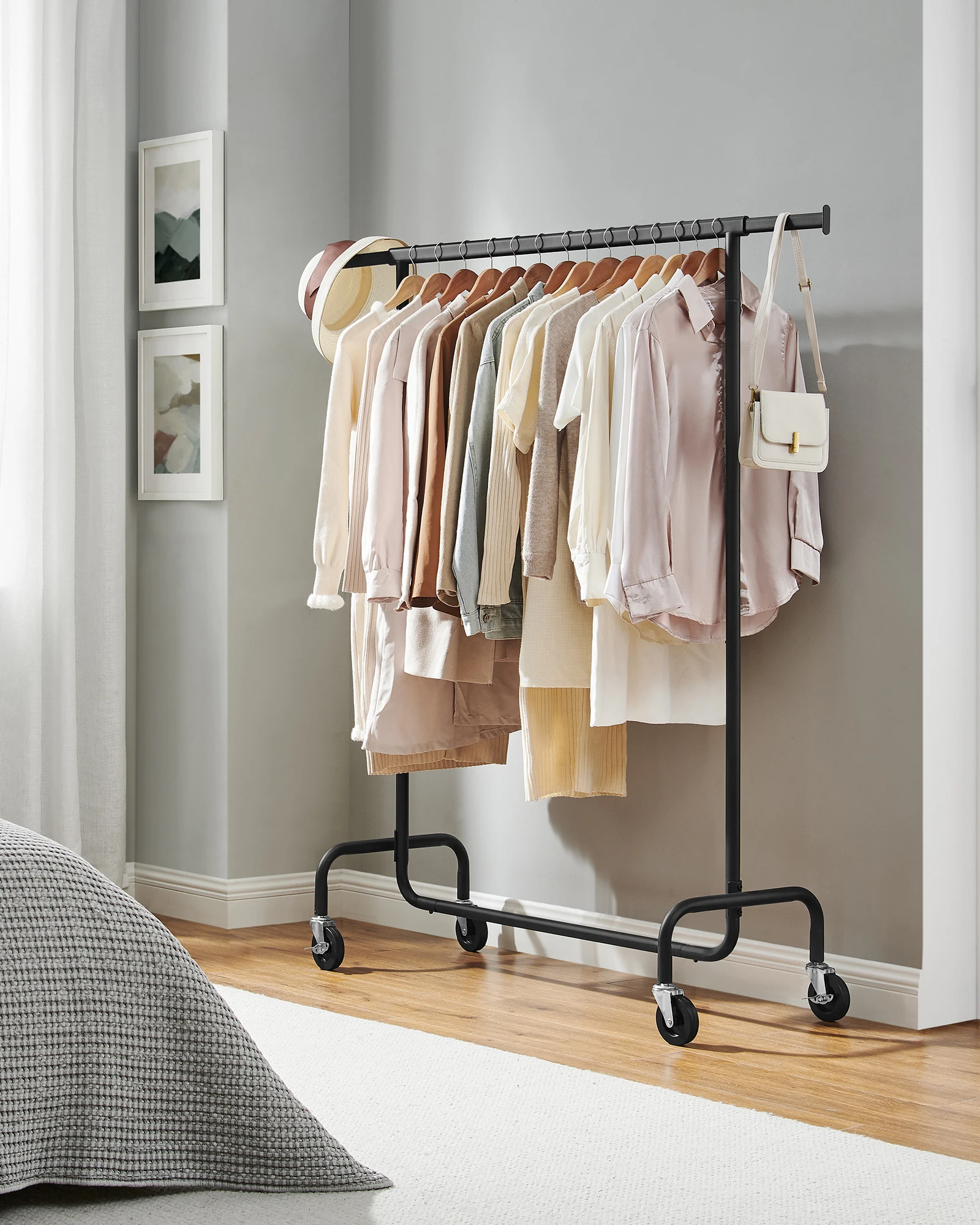 SONGMICS Clothes Rack on Wheels, Heavy-Duty Clothes Rail, with Extendable Hanging Rail, 136 kg Load Capacity