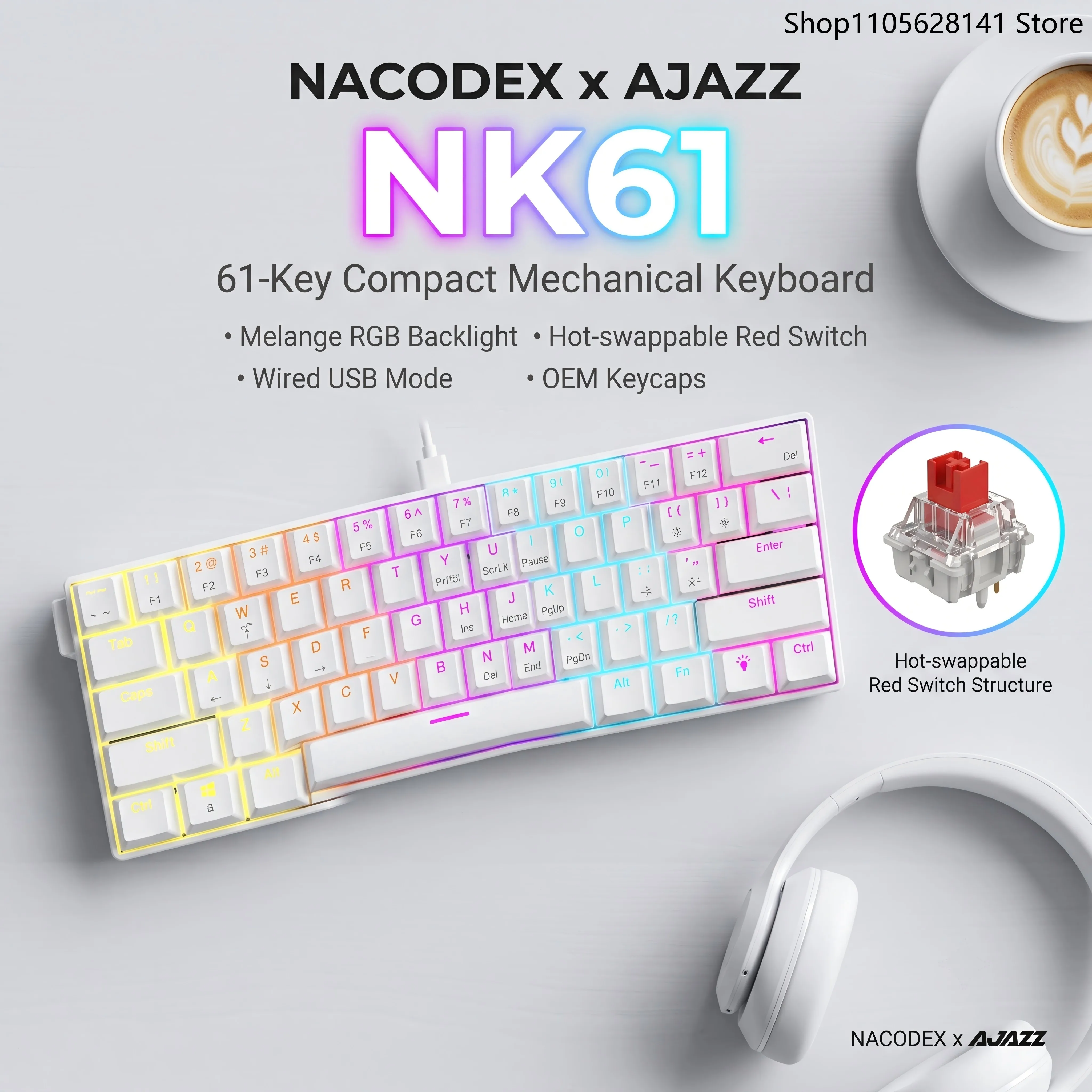 AJAZZ NK61 61 Keys USB Wired Mechanical Keyboard Single Socket Hot-Swappable Prebuilt Red Switch Melange RGB Backlight OEM