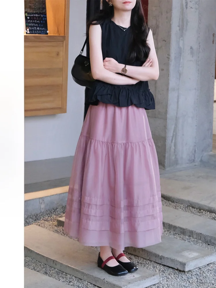 

Rame Perfumer's Mallow Purple Pleated Skirt Elastic Waist Midi Umbrella Skirt Casual Women's Polyester A-Line Skirt