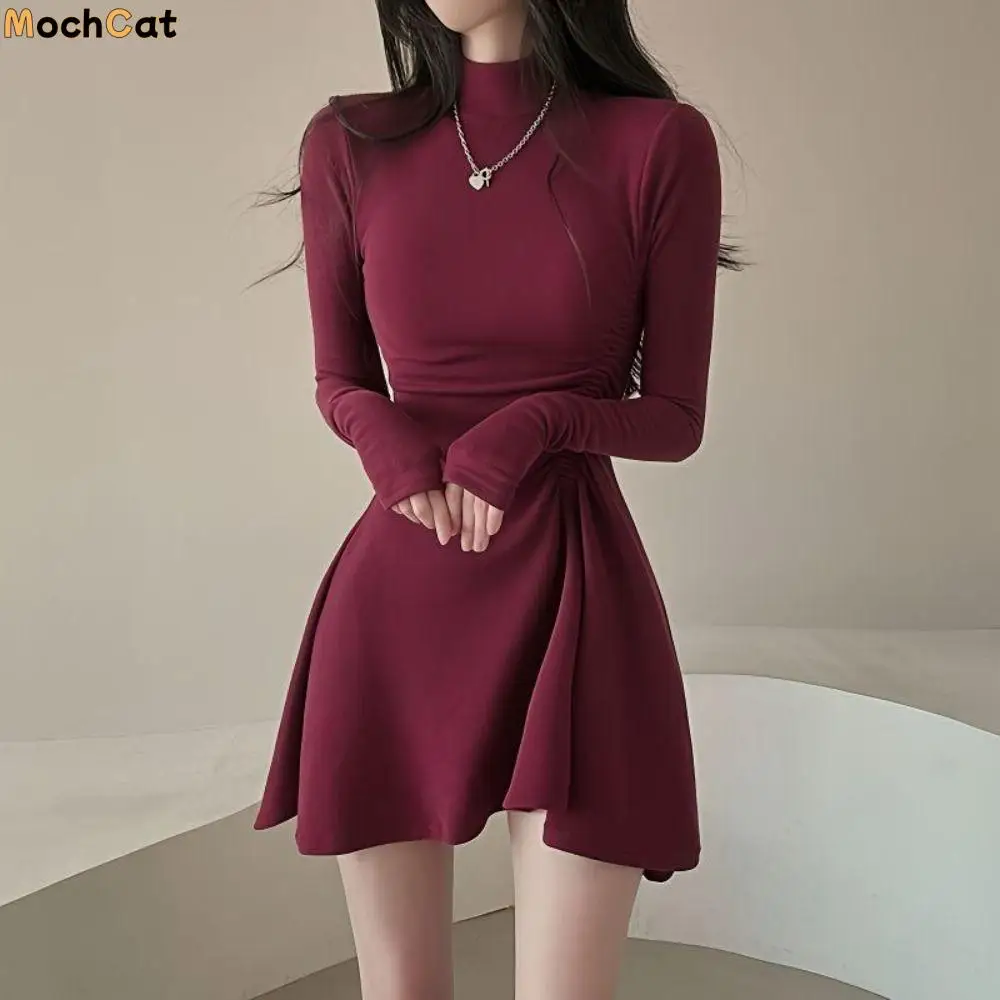 

Long Sleeved Christmas Red Dress Short Skirt Pleated Girls Irregular Dress A-line Half High Collar Slim Thin Dress Streetwear