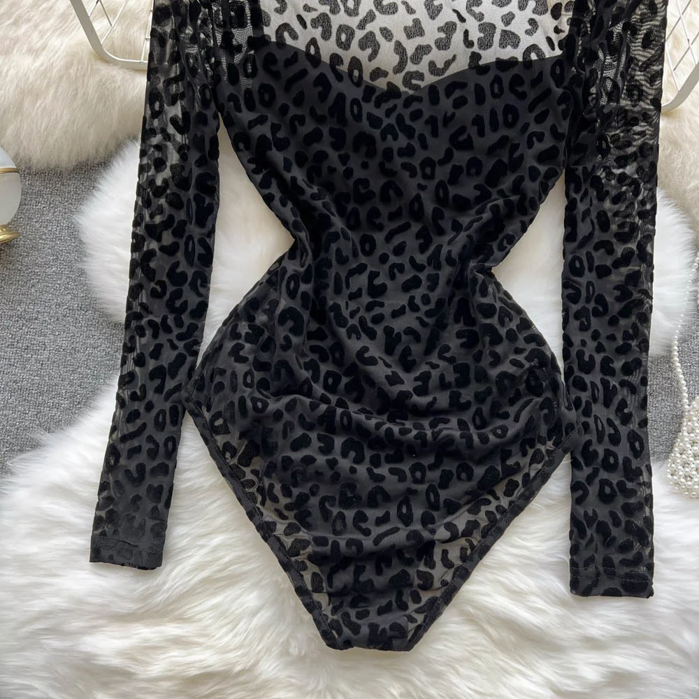 Sexy See Through Mesh Bodysuit for Women Black Square Collar Long Sleeve Skinny Velvet Body Tops Club Party Bodysuits