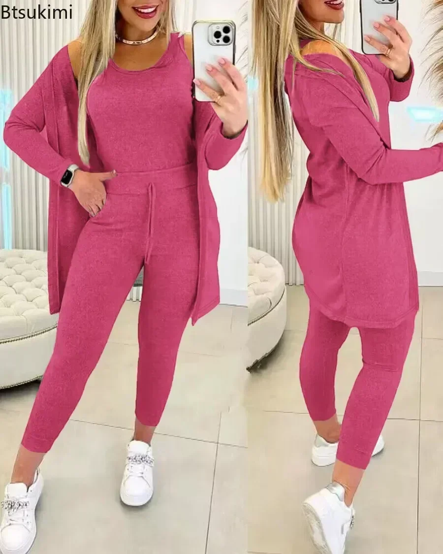 2024 Women's Casual Homewear 3PCS Autumn Winter Pajamas Sets Female Soft Tank Top & Long Sleeved Coat & Ankle-Length Pants Set